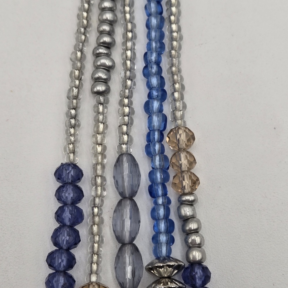 Layered Blue Silver-tone Clear Pale Peach Beaded Chunky Boho Adjustable Necklace - Picture 8 of 12